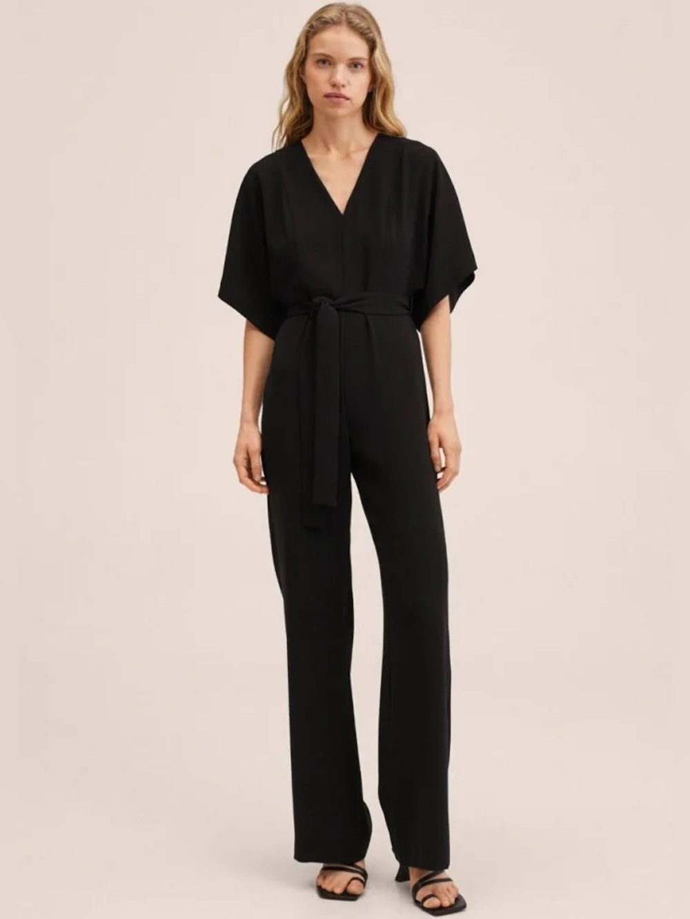 Mango Silky Wide Leg Tie Waist Jumpsuit